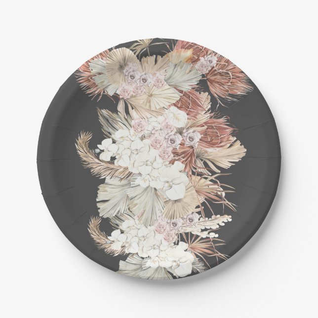 Cream Pampas Charcoal Grass Floral Jungle Wedding Paper Plate (Front)