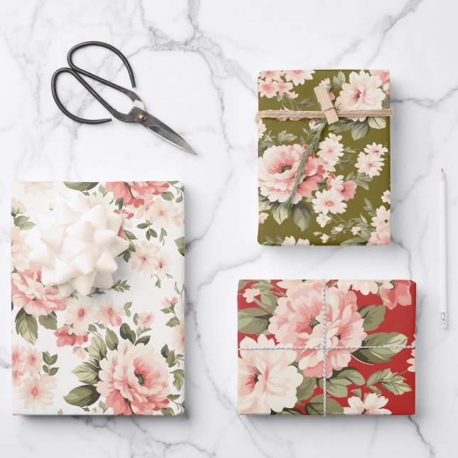 Cream pastel roses red, green and light wrapping paper sheet (Front)