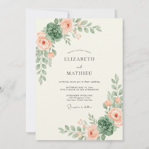 Cream Peach Leafy Wedding Invitation