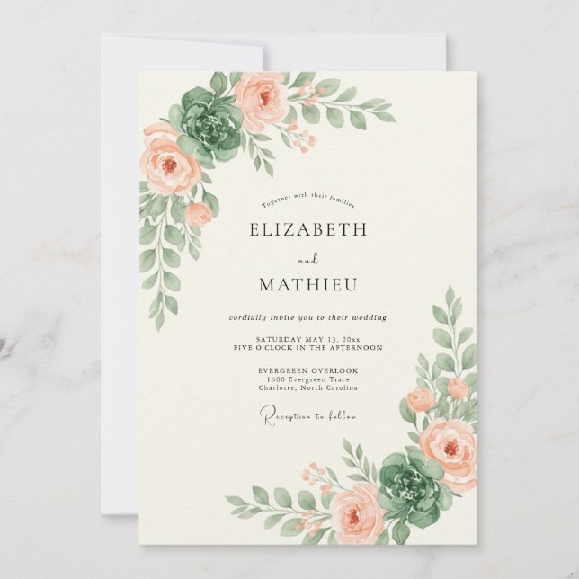 Cream Peach Leafy Wedding Invitation (Front)