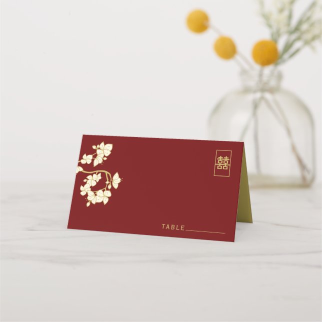 Cream Peach/Plum Blossoms Double Happiness Wedding Place Card (Front)