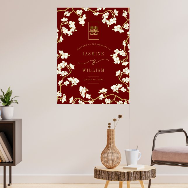 Cream Peach/Plum Blossoms Double Happiness Wedding Poster (Living Room 3)