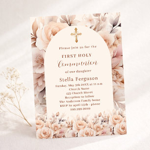 Cream peach roses florals arch First Communion Invitation
