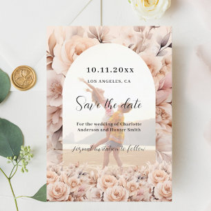 Cream peach roses photo arch wedding save the date