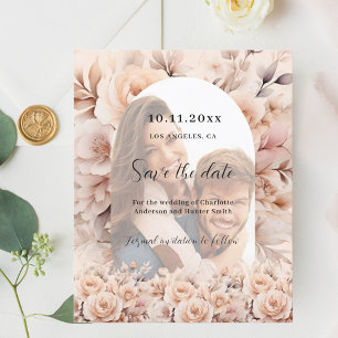 Cream peach roses photo arch wedding Save the Date
