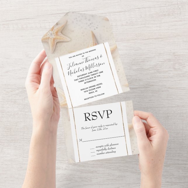 Cream Peach Starfish Beach Wedding All In One Invitation (Tearaway)
