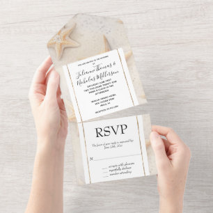 Cream Peach Starfish Beach Wedding All In One Invitation
