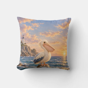 Cream Pelican Golden Coastal Lighthouse Sunset Throw Pillow