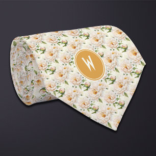 Cream Peonies Floral  Tie