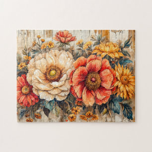 Cream Peony and Orange Zinnia on Wood Jigsaw Puzzle