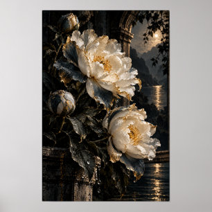 Cream Peony Blossoms in Moonlit Garden Wall Art