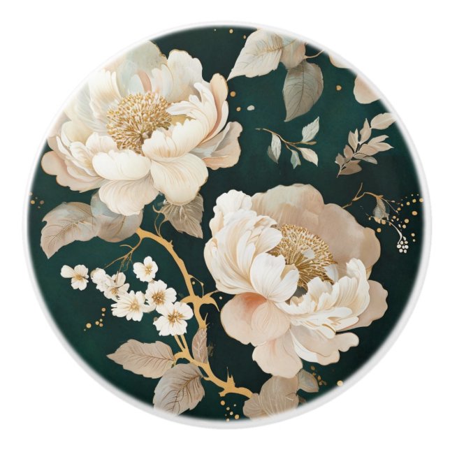 Cream Peony Floral Ceramic Drawer Pull – Elegant (Front)