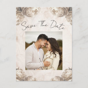 Cream Peony Flowers Vintage Rustic Save the Date Announcement Postcard