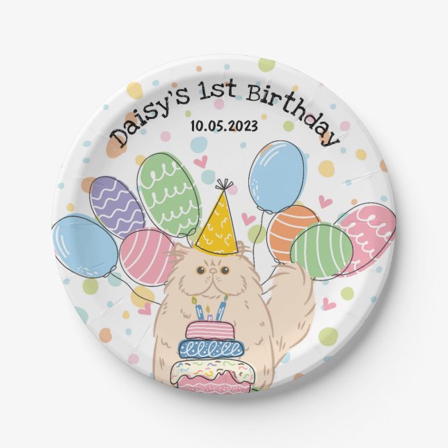 Cream Persian Cat Birthday Party Paper Plates (Front)