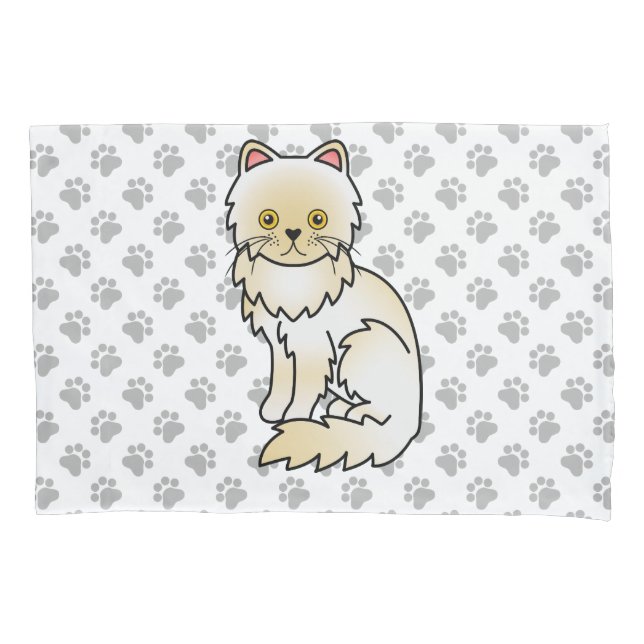 Cream Persian Cute Cartoon Cat & Paws Pillowcase (Front)