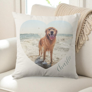 Cream Pet Heart Photo Script Personalized Dog Throw Pillow