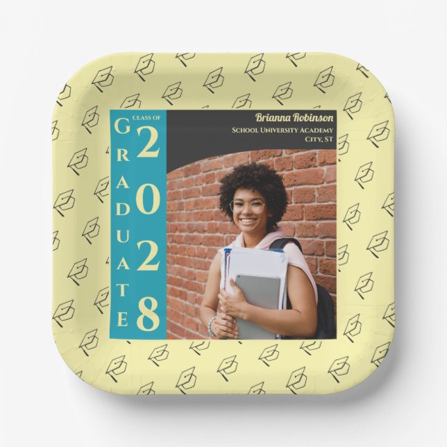 Cream Photo Modern Graduation Cap Party Paper Plate (Front)