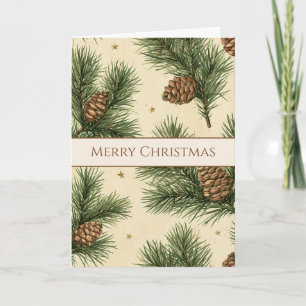 Cream Pine Cones Gold Stars Christmas Card