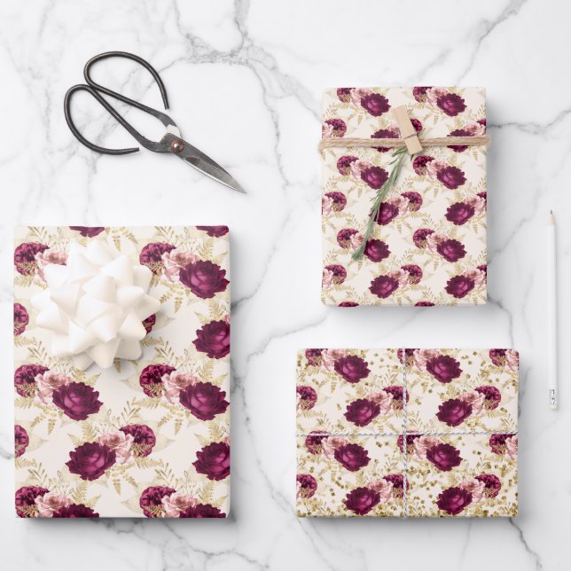 Cream Pink Burgundy Floral Gold Glitz Wrapping Paper Sheet (Front)