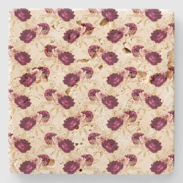 Cream Pink Burgundy Floral      Stone Coaster (Front)
