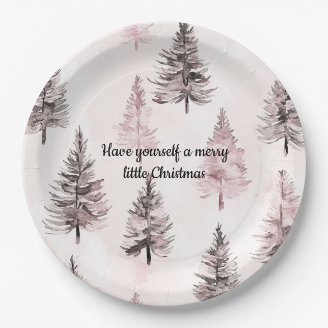 Cream Pink Christmas Trees Paper Plate (Front)