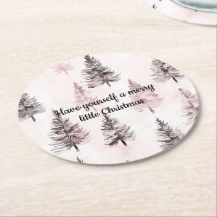 Cream Pink Christmas Trees Round Paper Coaster