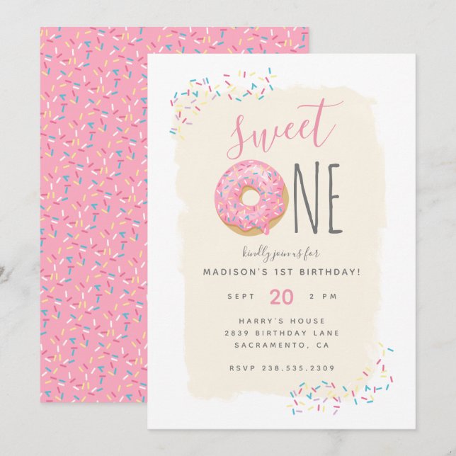 Cream | Pink Doughnut Sprinkle Sweet 1st Birthday Invitation (Front/Back)