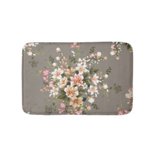Cream, pink flowers on grey. bath mat