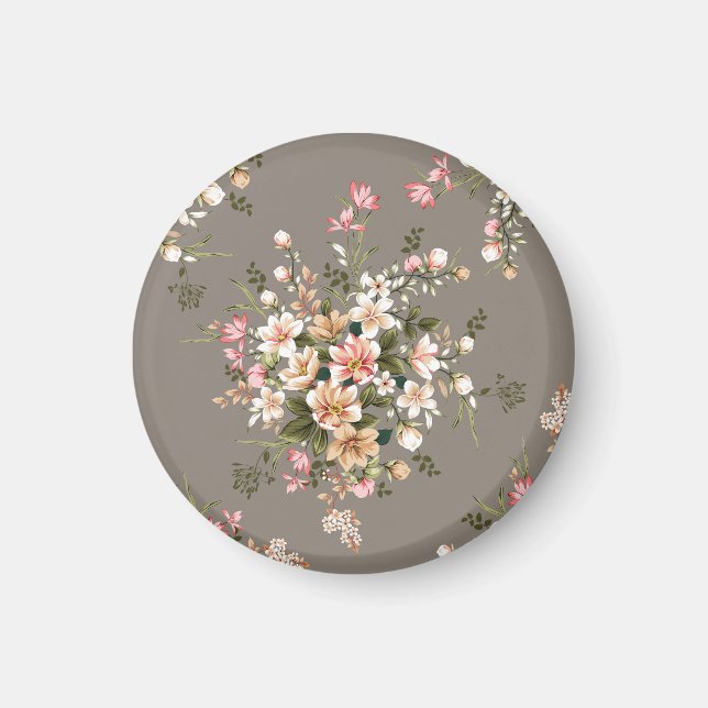 Cream, pink flowers on grey. magnet (Front)