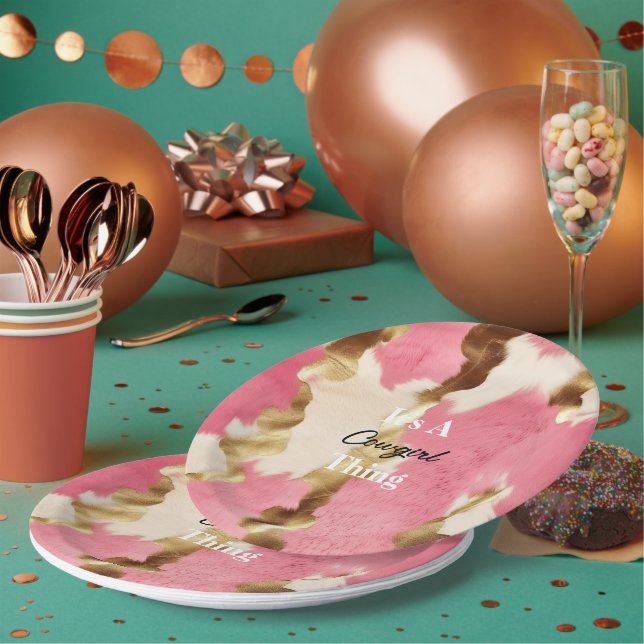 Cream Pink Gold Cowgirl Cowhide Quote Birthday Paper Plate (Multi)