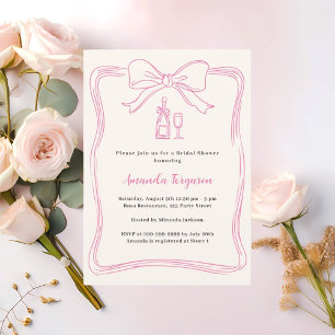 Cream pink hand drawn bow prosecco Bridal Shower Invitation