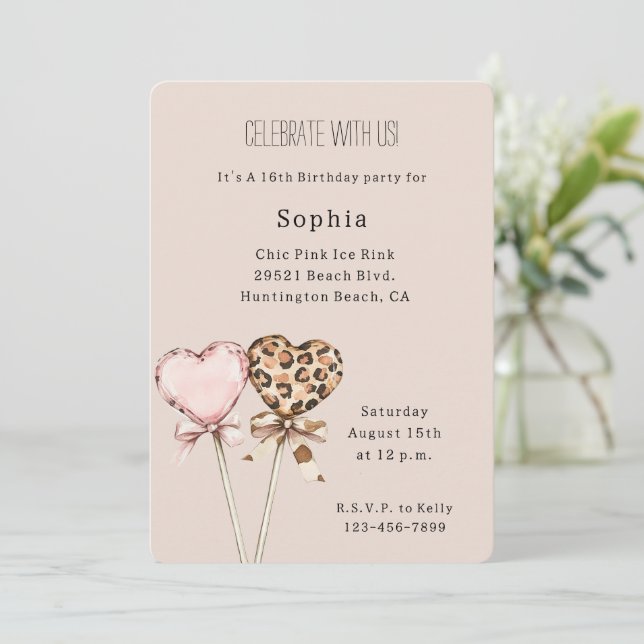 Cream Pink Leopard Hearts Birthday Invitation (Standing Front)