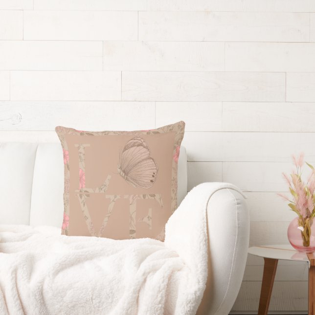 Cream Pink Love Butterfly Floral Throw Pillow (Couch)