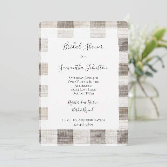 Cream Plaid Stripes Bridal Shower Invitation (Standing Front)
