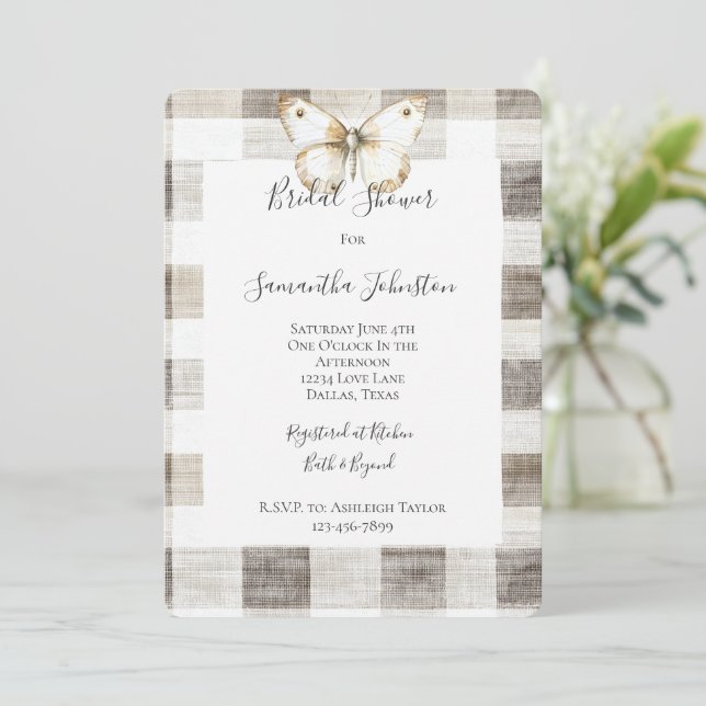 Cream Plaid Stripes Butterfly Bridal Shower Invitation (Standing Front)