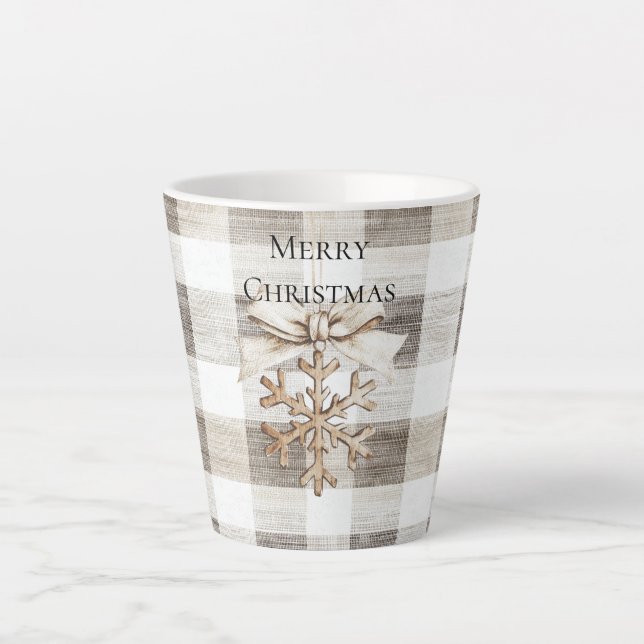 Cream Plaid Stripes Christmas Snowflake Latte Mug (Front)