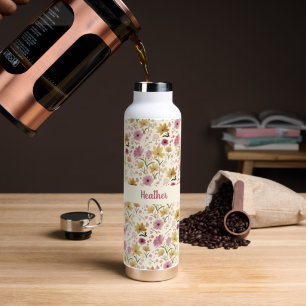 Cream Plum Wildflower Watercolor Monogram Name Water Bottle
