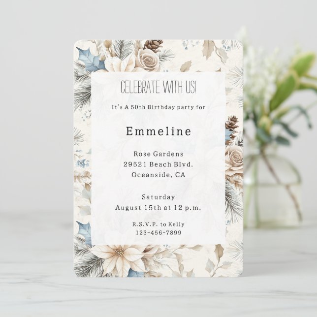 Cream Poinsettia Blue Floral Birthday Invitation (Standing Front)