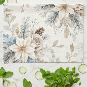 Cream Poinsettia Blue Floral Christmas Kitchen Towel