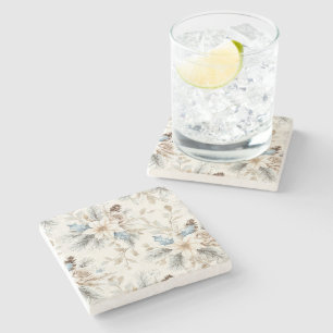 Cream Poinsettia Blue Floral Christmas Stone Coaster