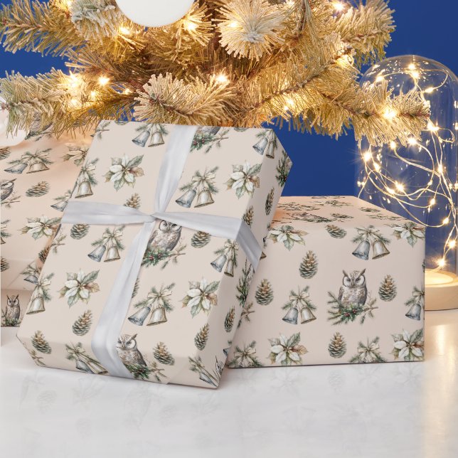 Cream Poinsettia Christmas Flowers Owls Bells Wrapping Paper (Holidays)