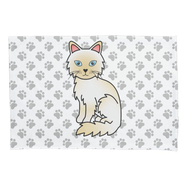 Cream Point Birman / Ragdoll Cute Cat & Paws Pillowcase (Front)