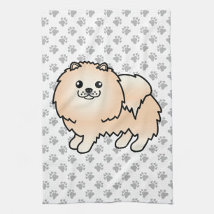 Cream Pomeranian Cute Cartoon Dog & Paws Kitchen Towel