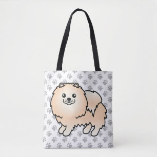 Cream Pomeranian Cute Cartoon Dog & Paws Tote Bag