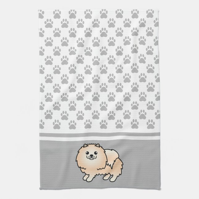 Cream Pomeranian With Grey Paws Pattern Kitchen Towel (Vertical)