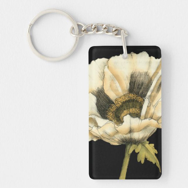Cream Poppy Flower on Black Background Keychain (Front)