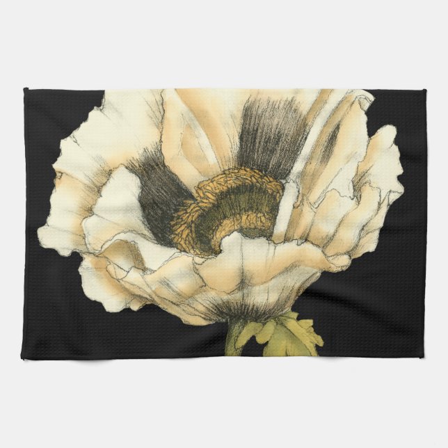 Cream Poppy Flower on Black Background Kitchen Towel (Horizontal)