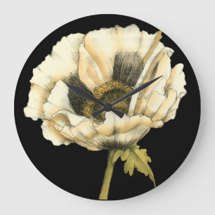 Cream Poppy Flower on Black Background Large Clock