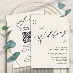Cream QR Code All In One Modern Chic Wedding Invitation