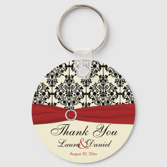 Cream, Red, and Black Damask Wedding Favour Keychain (Front)